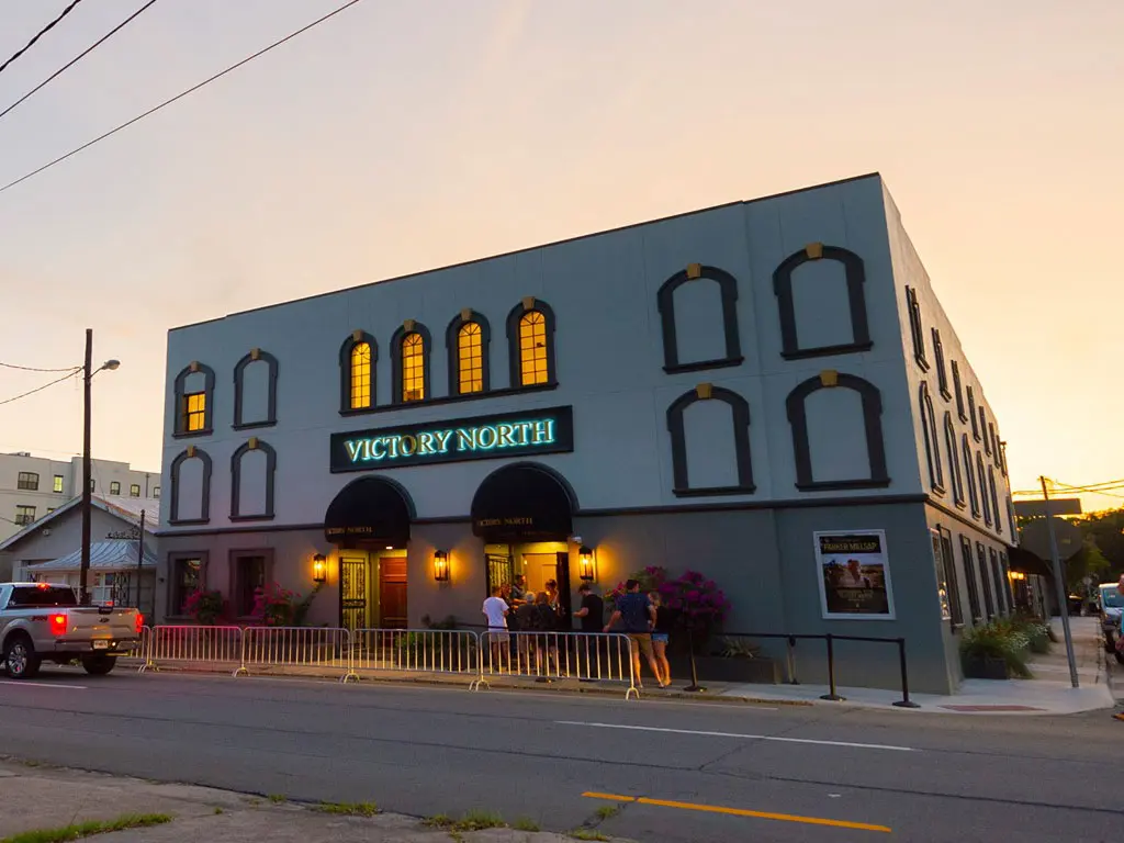 Exterior of Victory North concert venue in Savannah Georgia at sunset