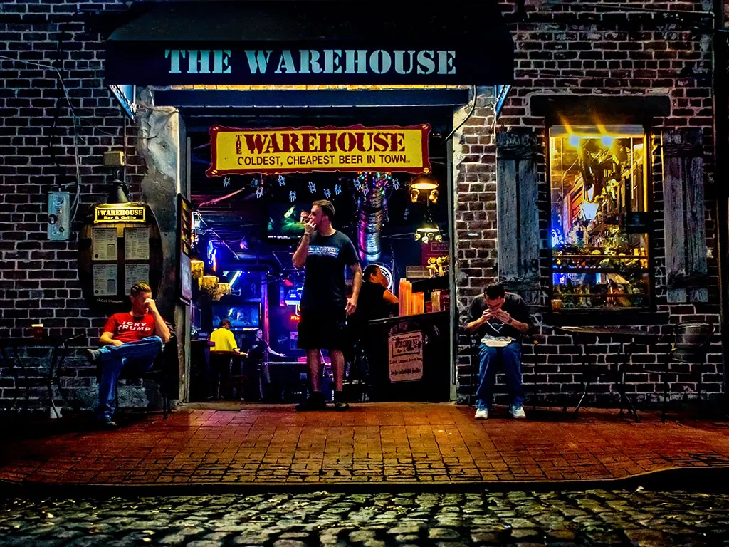 Exterior of The Warehouse Bar & Grille on River Street in Savannah Georgia