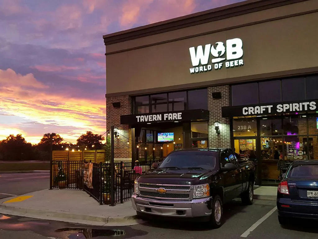 Exterior of World of Beer Pooler, Georgia at sunset